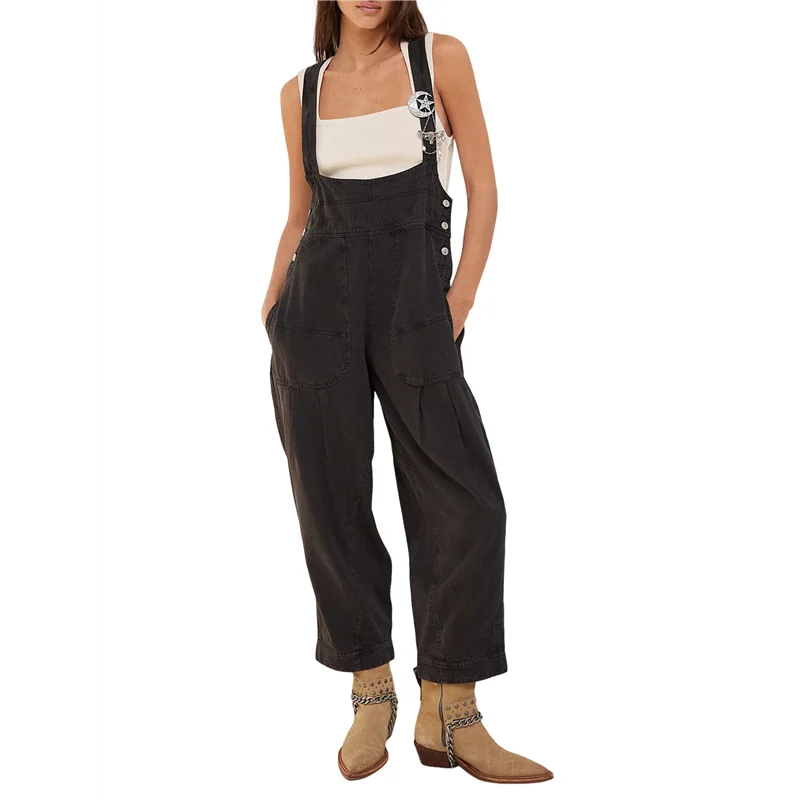 ABP-Jumpsuit Romper Denim Tanpa Lengan Model Longgar Kasual Wanita Dengan Saku dan Tali Pengatur