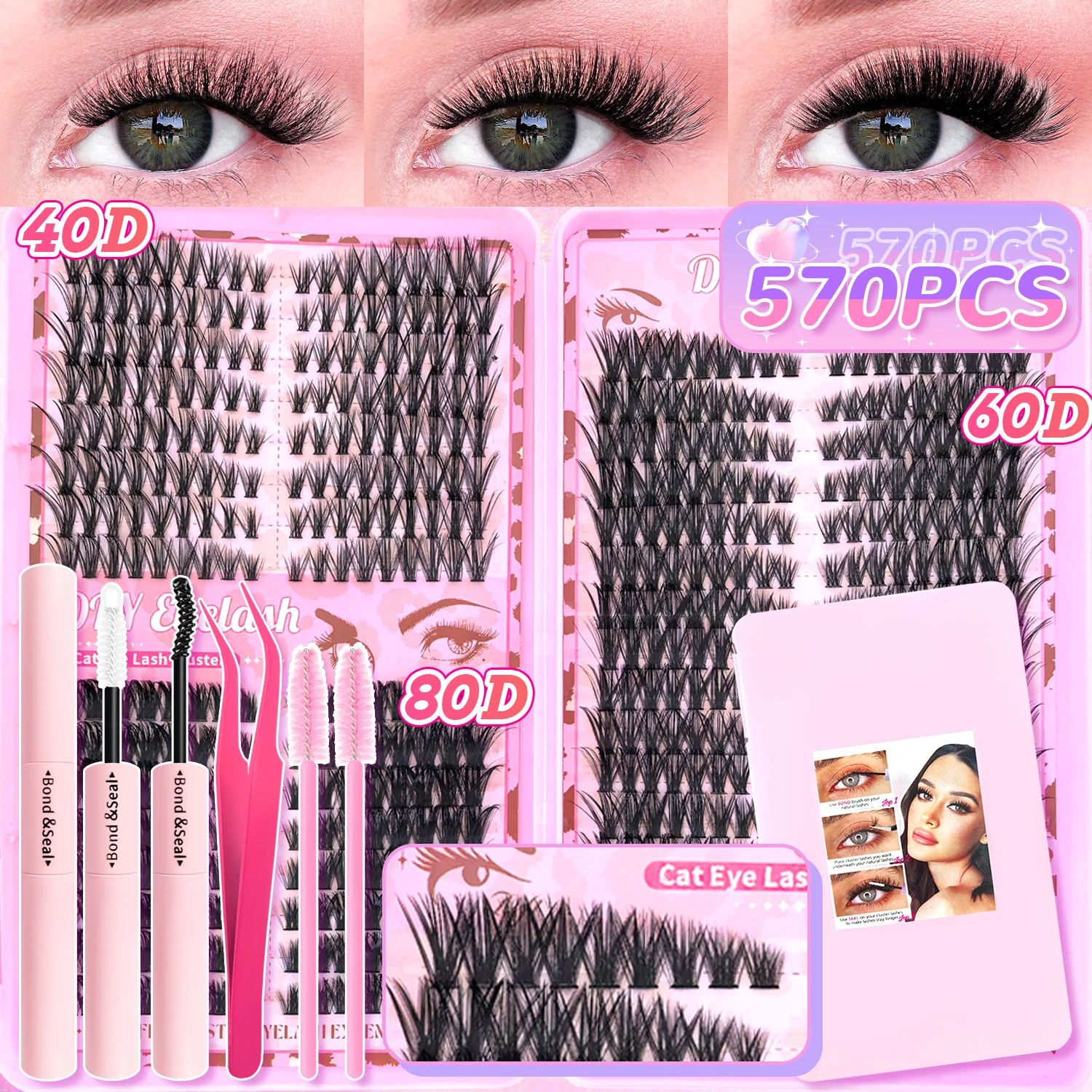 [Cílios grossos] Kit de extensão de cílios modificados mistos de cluster 560/576 com alinhamento de cabeça e cauda, vários estilos para escolher