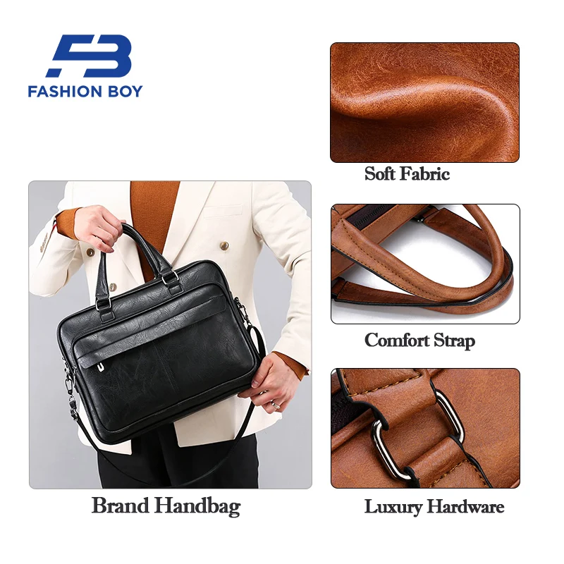 [FASHION BOY] Luxury Designer Brand Briefcase 14-inch Laptop Bags Leather Handbag Men