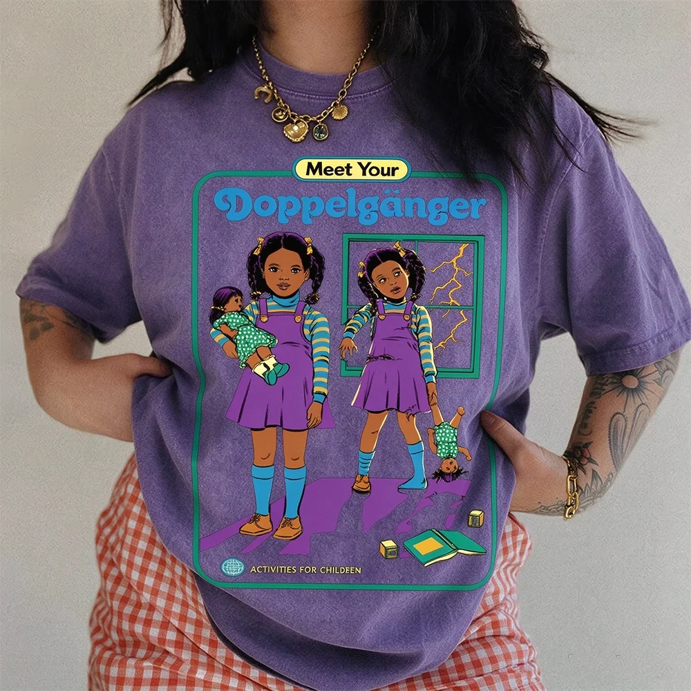 Meet Your Doppelgänger Retro Cartoon Print T-shirt Vintage Wash Oversized Unisex Weird Gothic Aesthetic Streetwear Casual Tee