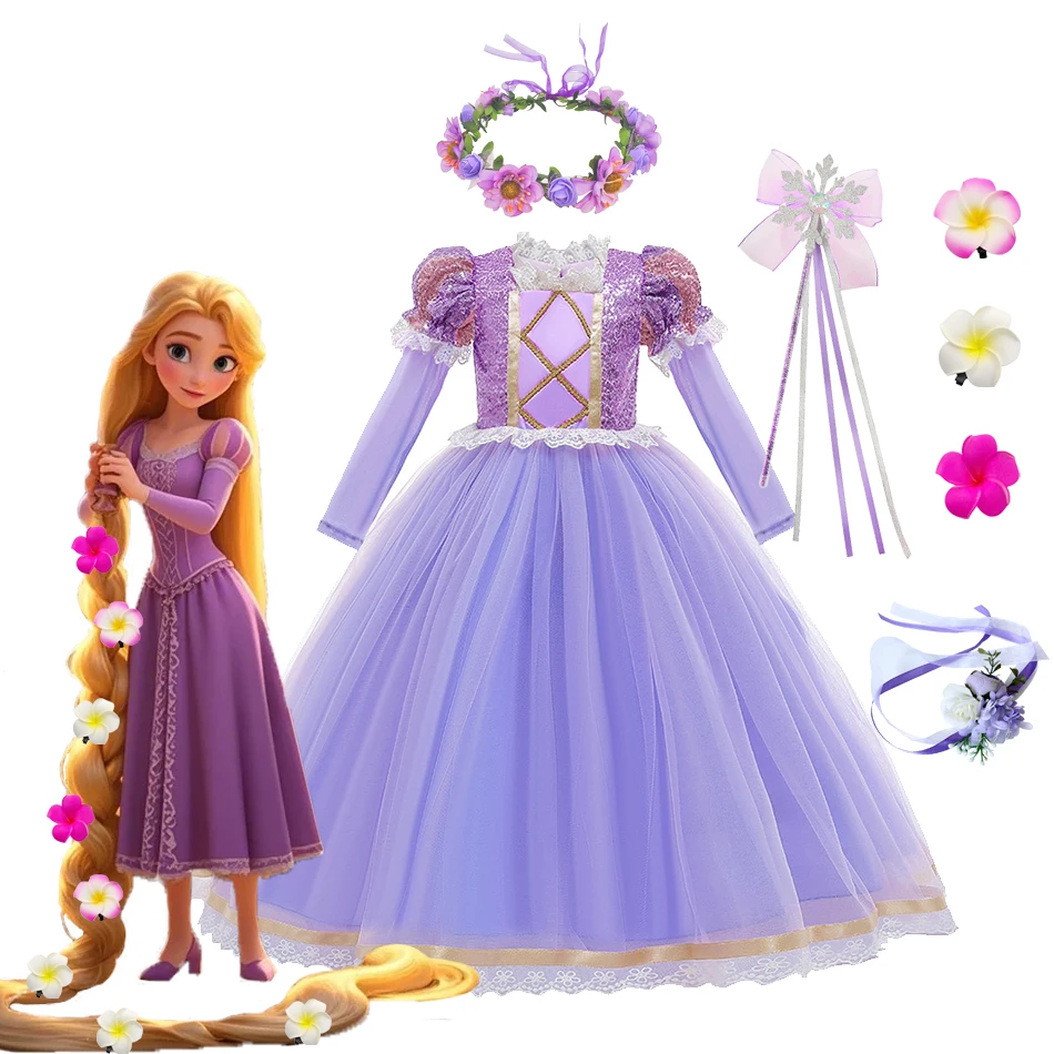 

Disney Halloween Costume For Girls Children Long Sleeve Purple Gown Luxury Party Dress Girl Christmas Carnival Clothes