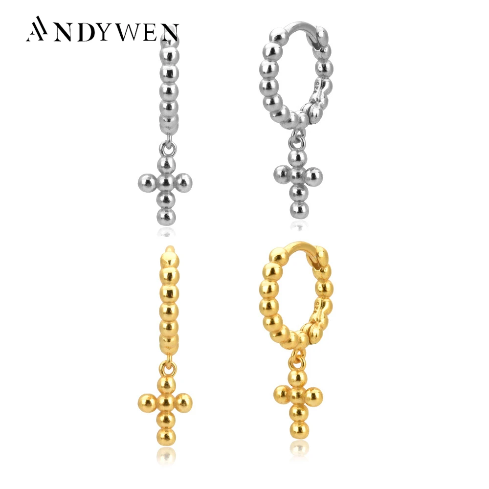 

ANDYWEN 925 Sterling Silver Beads Cross Luxury Dangle Drop Earring Circle Round Rock Punk Luxury Women Luxury Earring Jewelry