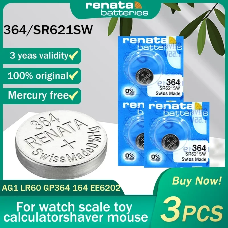 3PCS 100% Renata 364 SR621SW AG1 LR60 GP364 164 EE620 1.55V Silver Oxide Watch Battery For Scale Toy Swiss Made Button Coin Cell