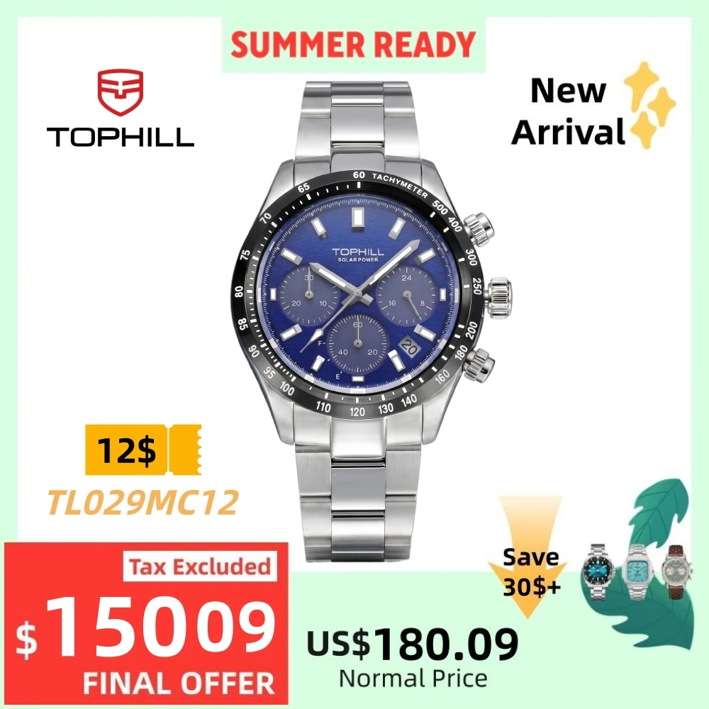 

TOPHILL 42mm VR42B Solar-Powered Chronograph Quartz Watch For Men 4.5H Date Window Sapphire C3 Green Luminous 5Bar TL029G