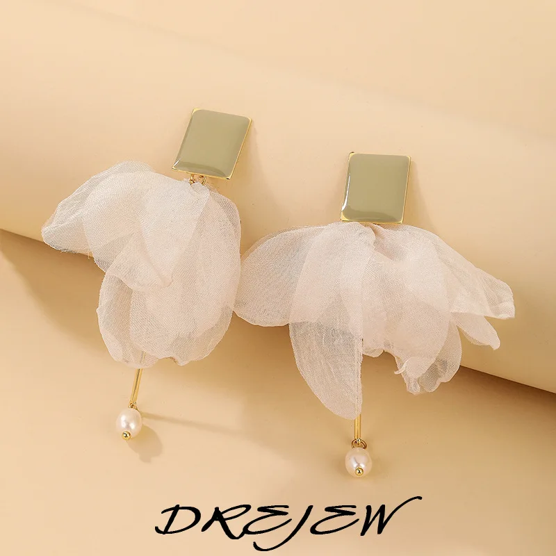 DREJEW Organza Gauze Art Bow Silver Needle Earrings for Women Vintage Sweet High-grade Drop Earring Temperament Jewelry Gifts