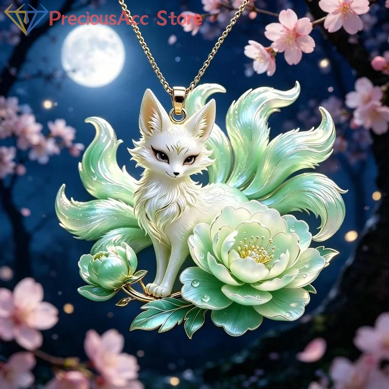 Fox Pendant Necklace Peony Flower Charm Chinese Style Jewelry For Women Daily Fashion Gift