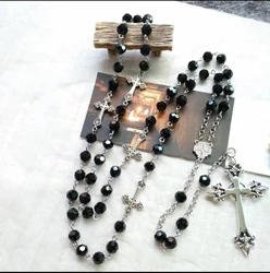 Catholic Black Crystal Cross Pendant Necklace Vintage Men and Women Jesus Religious Jewelry Rose Prayer Beads 8mm Gothic Alloy