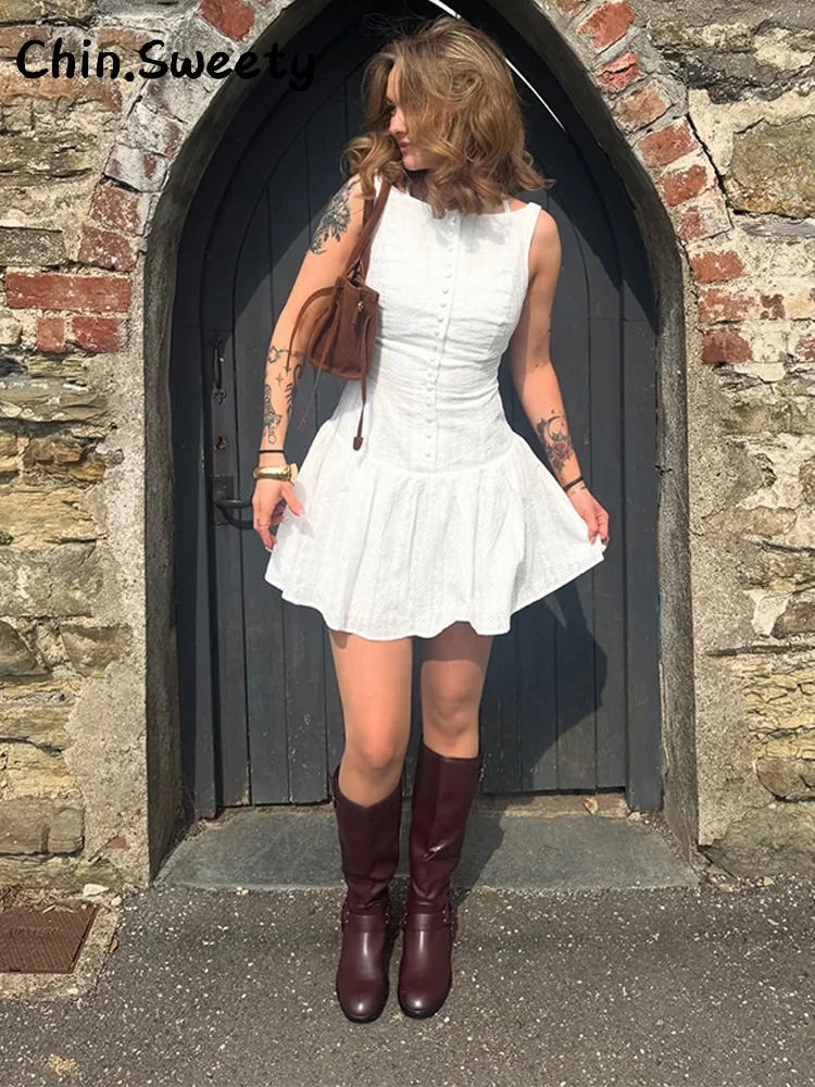 Seksowna haftowana mini plisowana sukienka damska O-neck bez rękawów jednorzędowe wąskie sukienki 2025 letnia dama główna ulica szaty ﻿