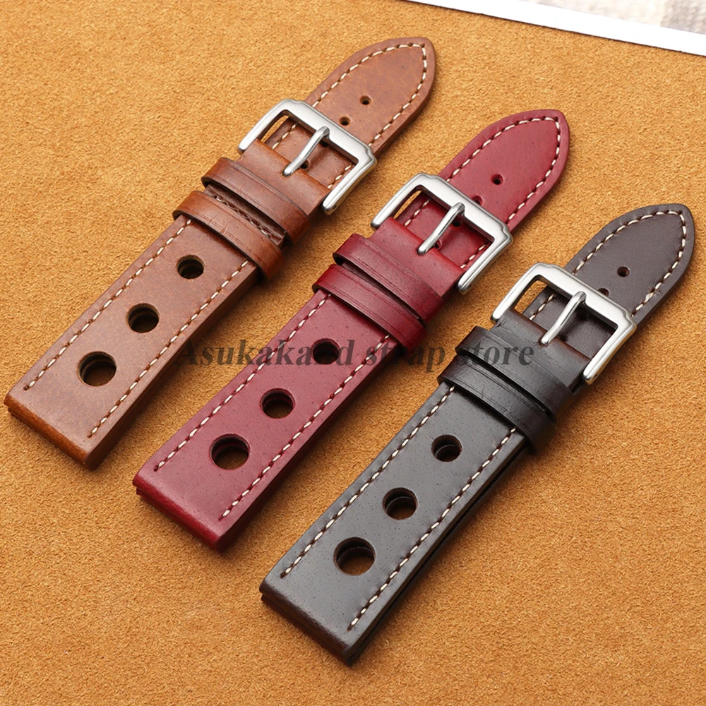 20mm 22mm Universal Oil Wax Leather Hand-Stitching Watchband Breathable Hole Strap for Men Women Watchstrap Replacement Straps