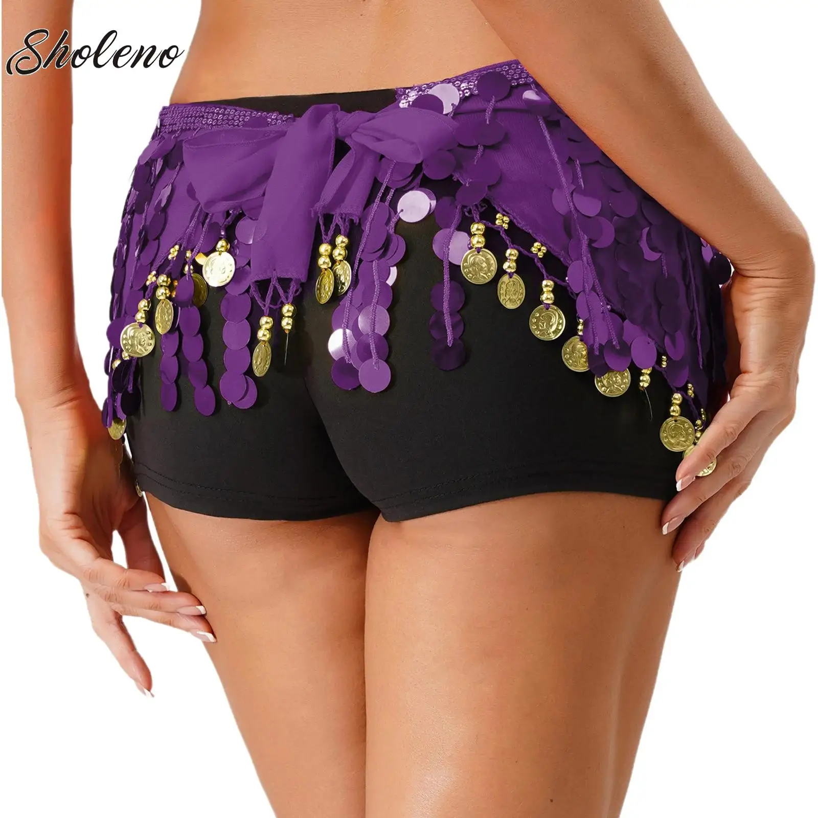 

Women Belly Dance Hip Scarf Accessories Belt Skirt Gold Color Sequin Tassel Bellydance Waist Chain Lace-up Waist Wrap Skirt