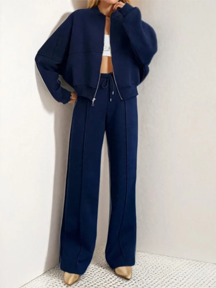 Fashion Stand-up Collar Zipper Cardigan Top + Wide-leg Pants 2-piece Set Women Autumn Winter Solid Color Sweatshirt Suit Female