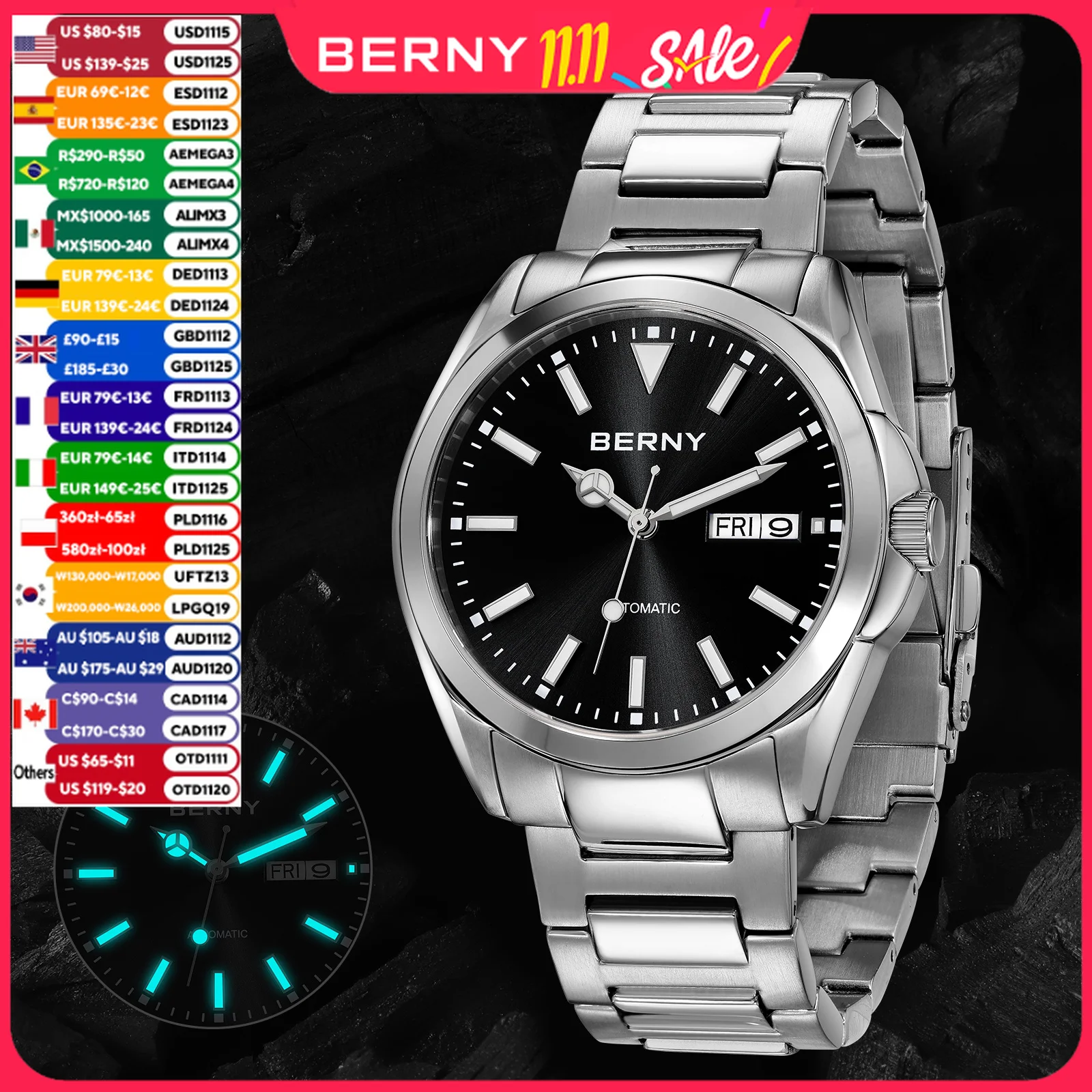 BERNY Automatic Watches for Men Super Luminous Date Week Mechanical Mens Watch Full Stainless Steel Wristwatch NH36 Sapphire