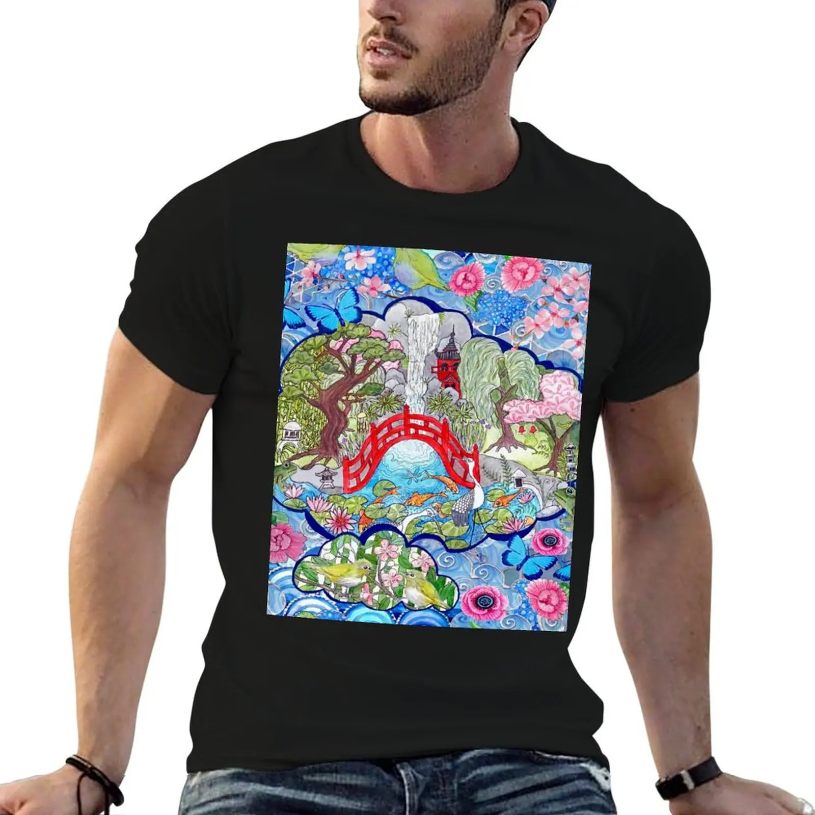 Japanese zen garden with cherry blossom, pagoda, bridge, koi pond and waterfall T-Shirt blanks fruit of the loom mens t shirts