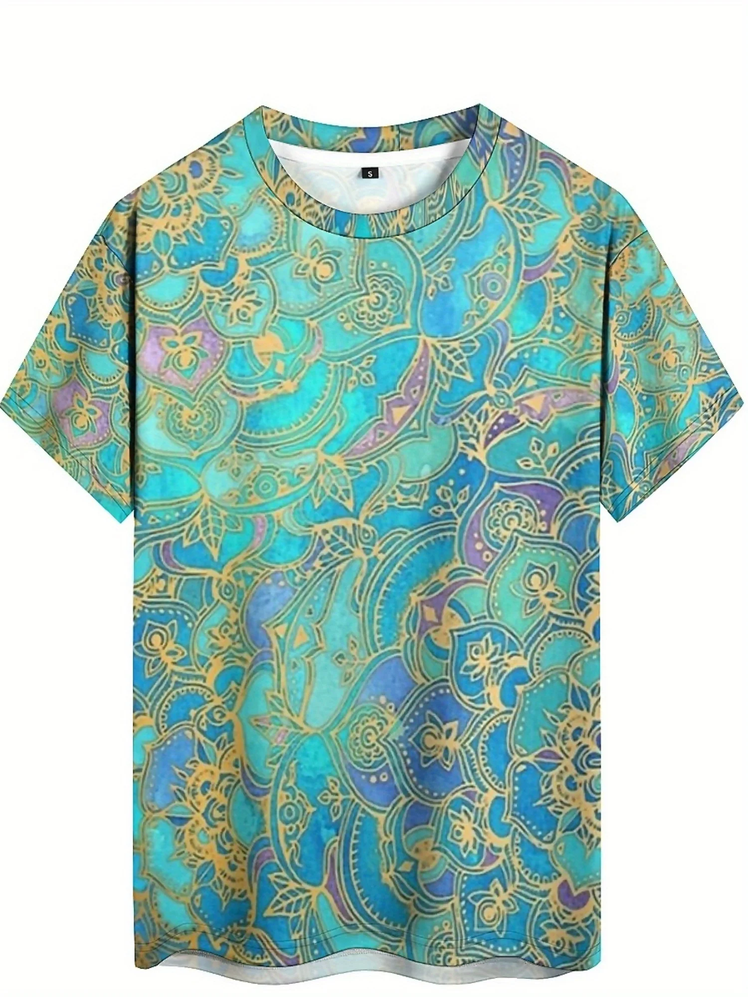 Camiseta masculina plus size com estampa 3D – tecido de poliéster macio e confortável, leve e respirável, azul vibrante e geométrico dourado
