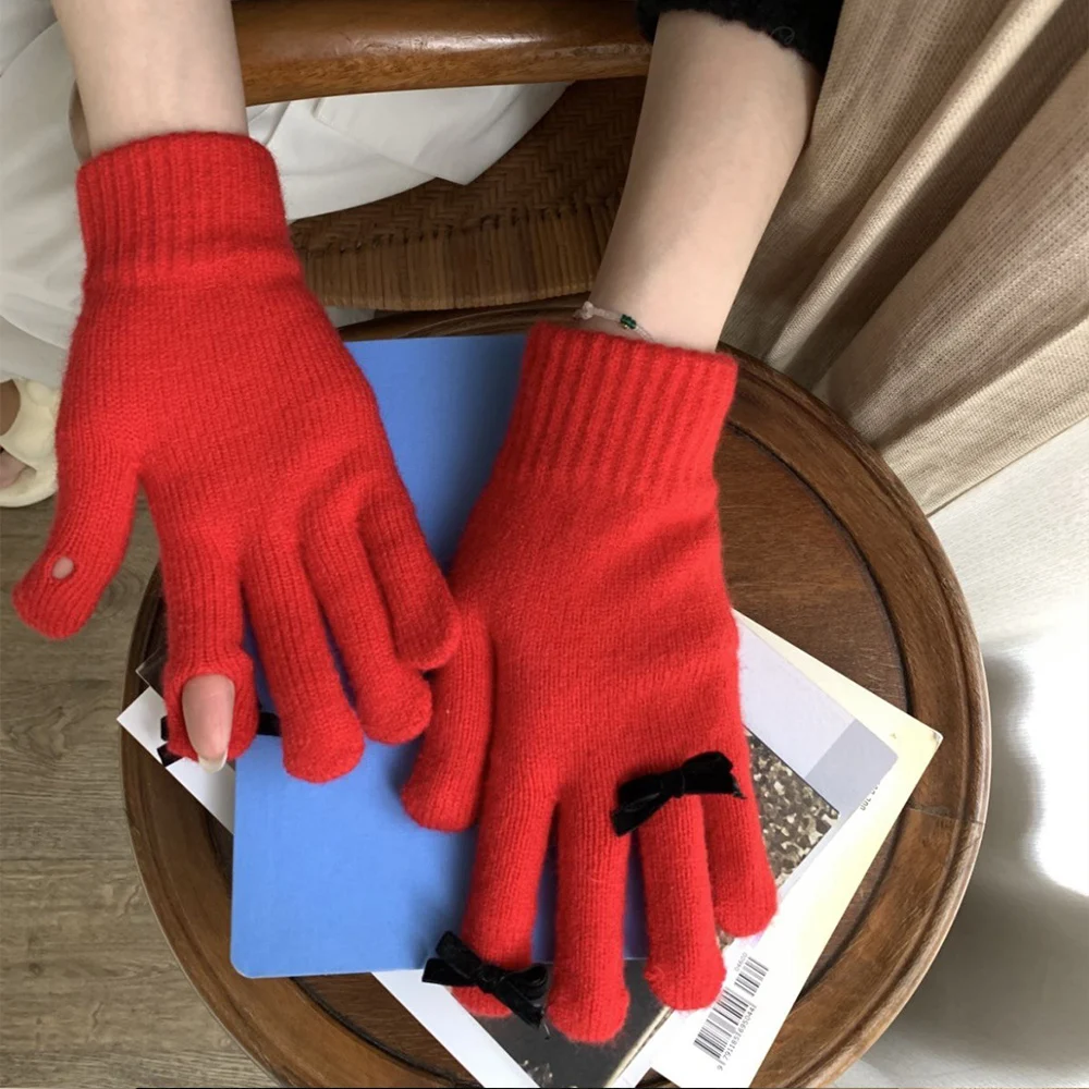 1 par de guantes mullidos con pantalla táctil para mujer, manoplas de punto antifrío para invierno, decoración con lazo negro, manoplas bonitas de