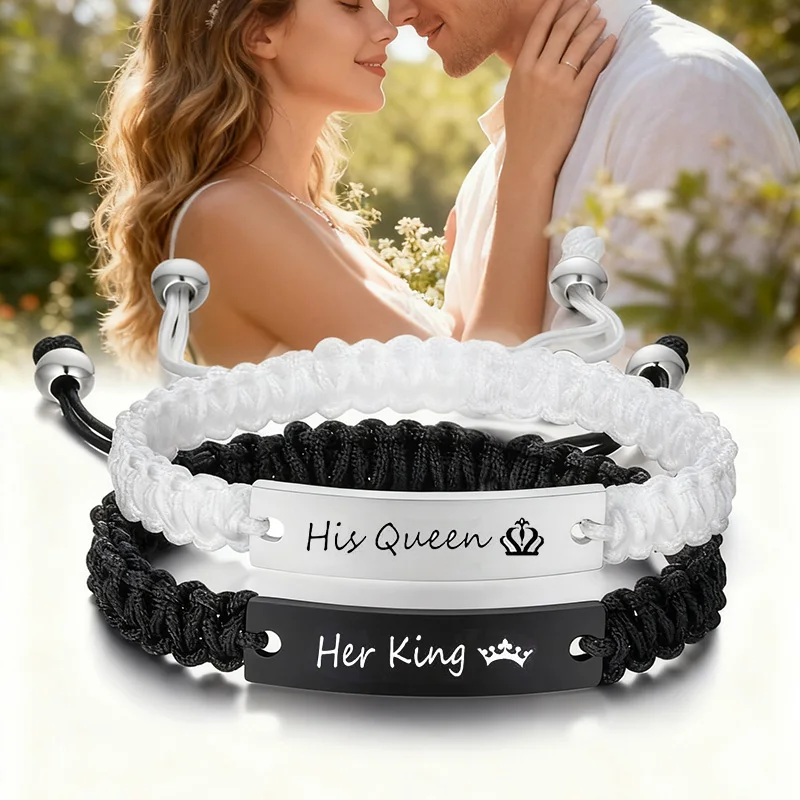 Bracelet de Couple en corde tressée noir et blanc, 2 pièces, réglable en acier inoxydable, cadeau de saint valentin