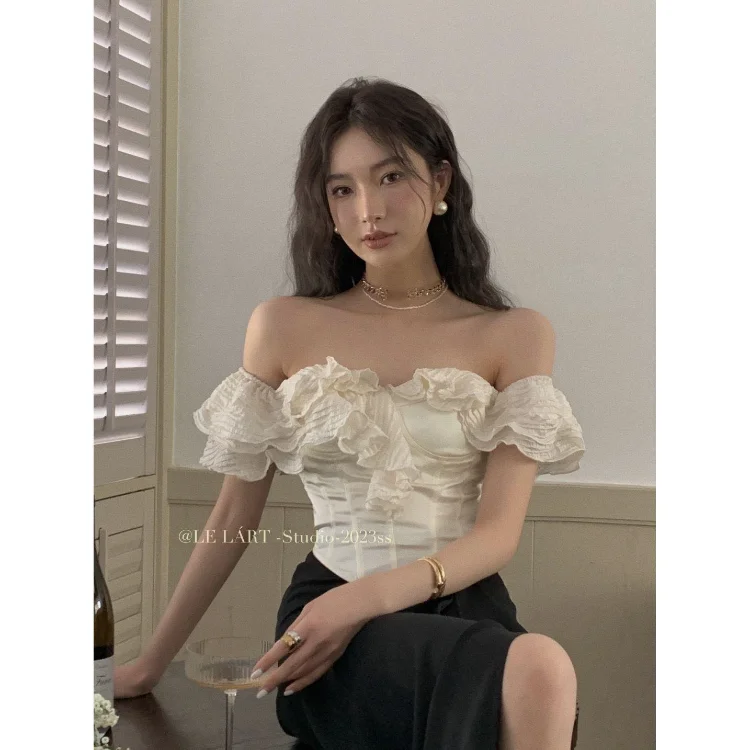 Korobov Elegant Ruffled Sexy Slim Crop Tops One-line Collar Shirts Summer New Sweet Blouses Korean Fashion Camisas Y Blusas