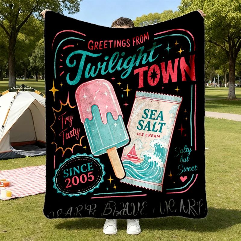 Twilight Town Flannel Throw, Sea Salt Ice Cream Sweater, Kingdom Hearts Inspired Cozy Blanket, Nostalgic Gamer Warm Blan