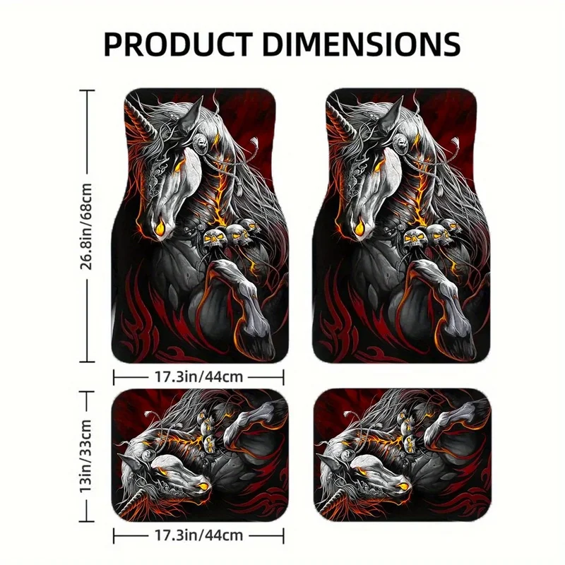 4Pcs Car Floor Mats, Fiery Dark Unicorn With Skulls & Flames, Gothic Style Car Floor Liners