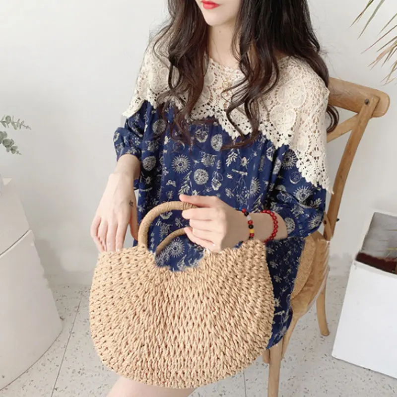 Female Vintage Mori Girl Style Printed Shirt Spliced Stylish Lace Hollow Out Sweet Summer Half Sleeve Casual Loose O-Neck Blouse