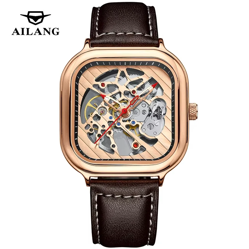 

AILANG лучшие брендовые новые модные квадратные механические часы мужские кожаный ремешок водостойкие полые автоматические часы в стиле стимпанк для мужчин