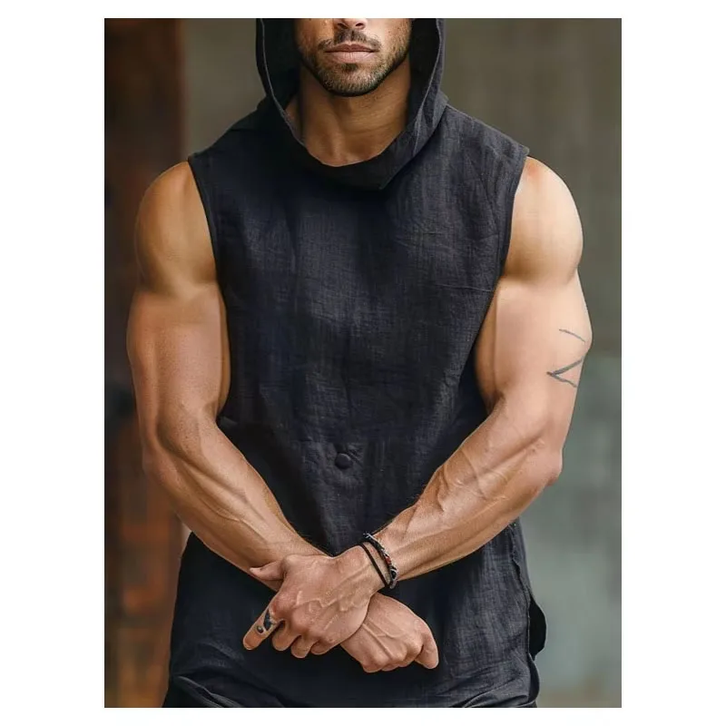 

Men's Black Hooded Sleeveless Vest Beach Casual Top Hip Hop Dance Loose Cotton Linen Casual Vest Tank Top Bodybuilding Wear