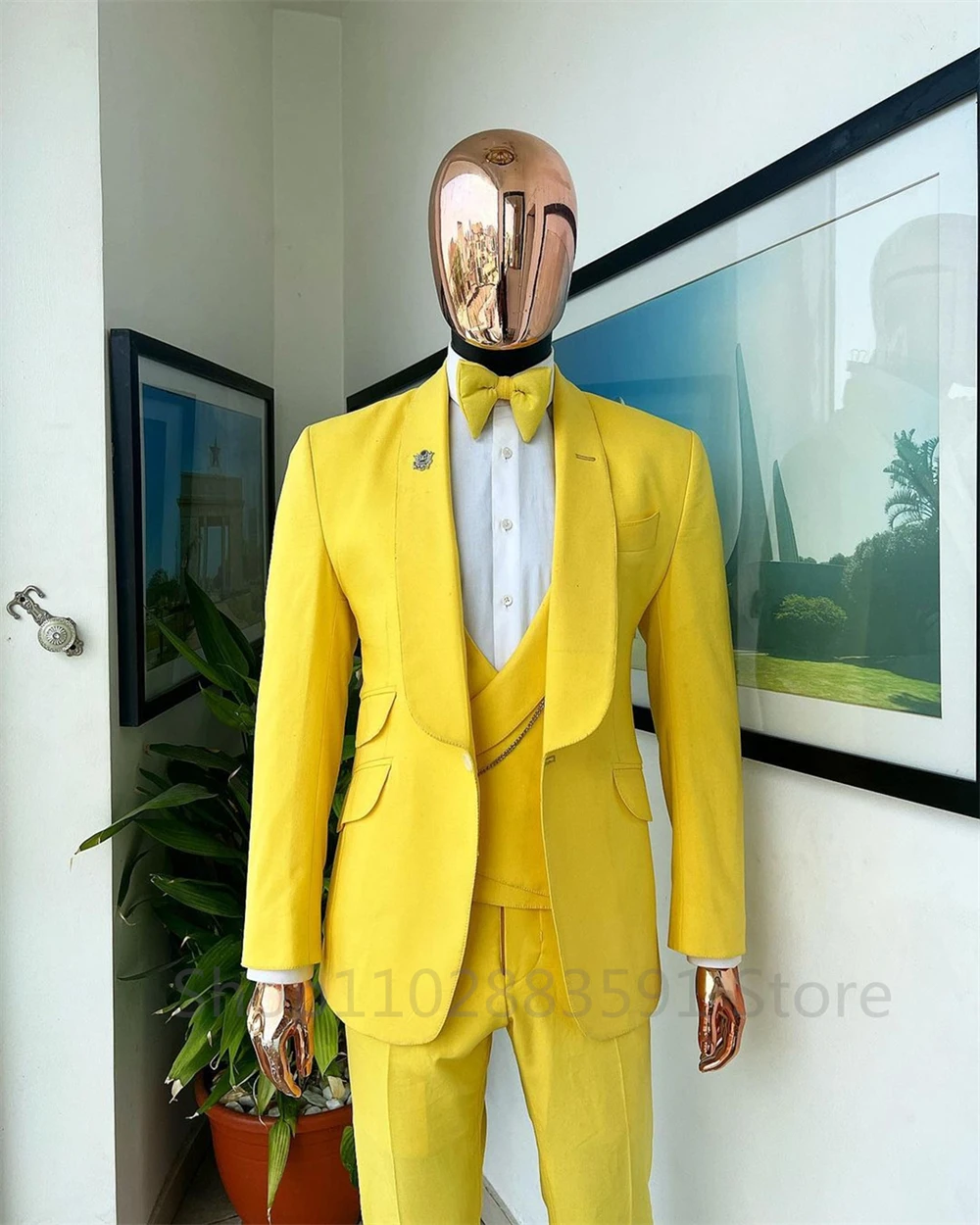 Fashion Male Suit Slim Fit Yellow Shawl Lapel Elegant Formal 3 Pieces Best Man Wedding Tuxedo (Blazer+Vest+Pants) Costume Homme