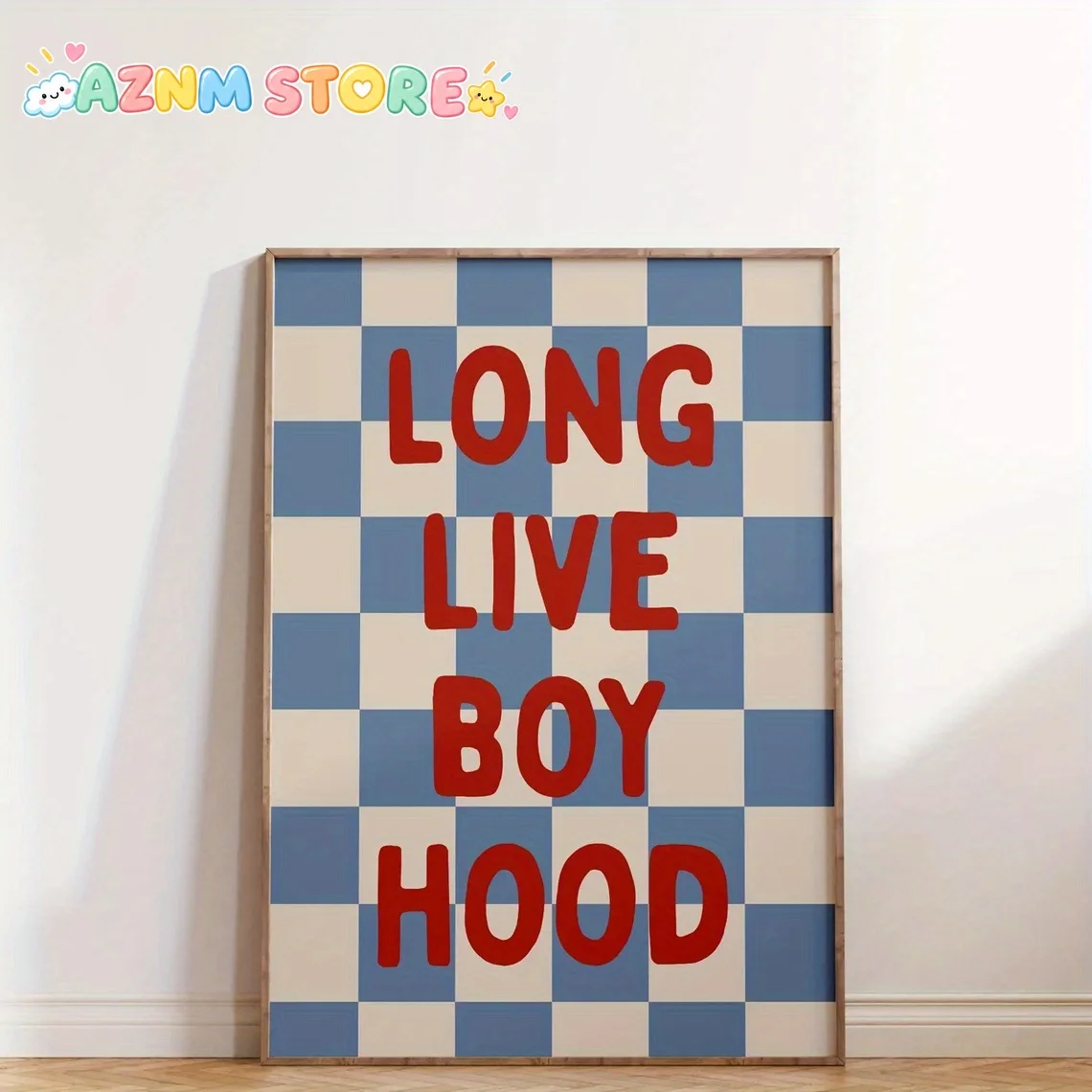 1pc, wall art, vintage poster, modern children's quotes long live childhood art print, bohemian style blue and white checkere