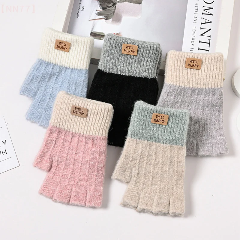 Winter Fingerless Gloves For Men Half Finger Writting Office Knitted Thick Wool Warm Label Thick Elastic Outdoor Driving Gloves