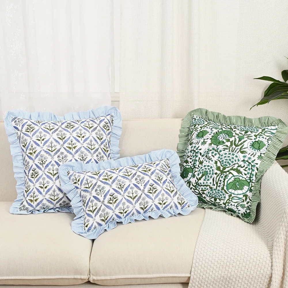BUYNOW Blue Green Flowers Jacquard Lace Pillowcase Vintage Pastoral Living Room Sofa Cushion Cover Home Bedroom Bed Saddle Decor