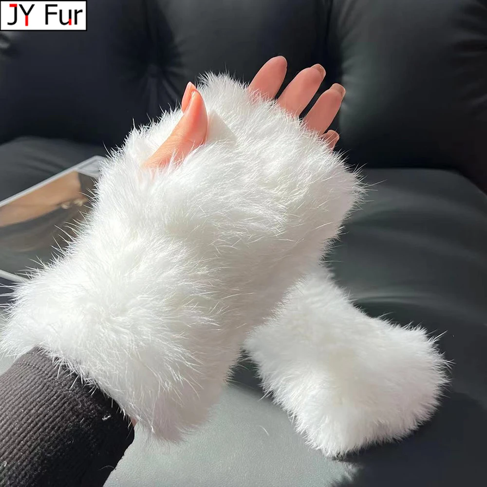 

2024 New Women Knit Fur Mitten Girls 100% Real Genuine Knitted Rabbit Fur Mittens Winter Warm Real Natural Fur Fingerless Gloves