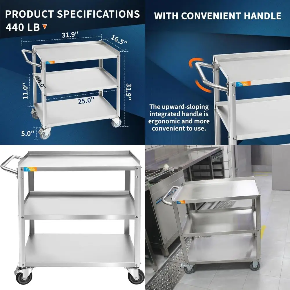 

Commercial-Grade Stainless Steel 3-Tier Utility Cart with Wheels for Kitchen, Restaurant, Hospital, and Hotel - 16.5W x 27.6L x
