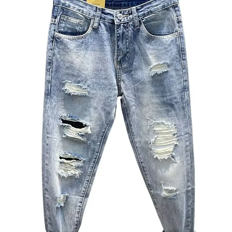 New 2025 High Street Hip Hop Blue Jeans Spring and Summer New Ripped Trend Beggar Knee Rotten Cargo Washed Distressed Jeans Men