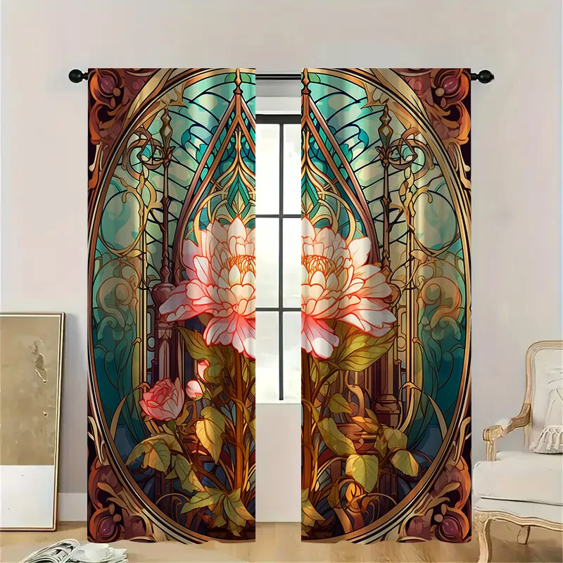 2pcs Stained Glass Floral Curtains , Pink Blossom Green Leaf Sheer Light Filtering, Artistic Focal Point for Cozy Living Room