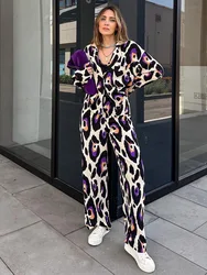 Leopard Print High Waist Wide Leg Pants Sets Suit Long Sleeve V-neck Shirts Top And Pant Fashion Street Loose Women Outfits