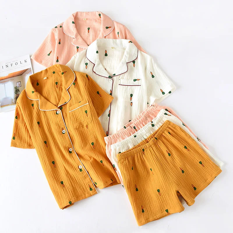 NHKDSASA Women Pajamas Set Summer Comfort Gauze Cotton Turn-down Collar Sleepwear Set Ladies Thin Loose Cartoon Homewear