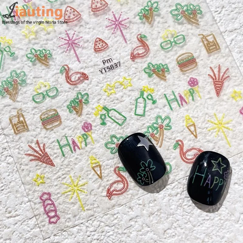 Pegatinas de uñas de estilo de vacaciones, apliques de uñas 3D en relieve, deslizadores adhesivos, accesorios de Arte de uñas de verano, pegatinas, decoraciones para uñas