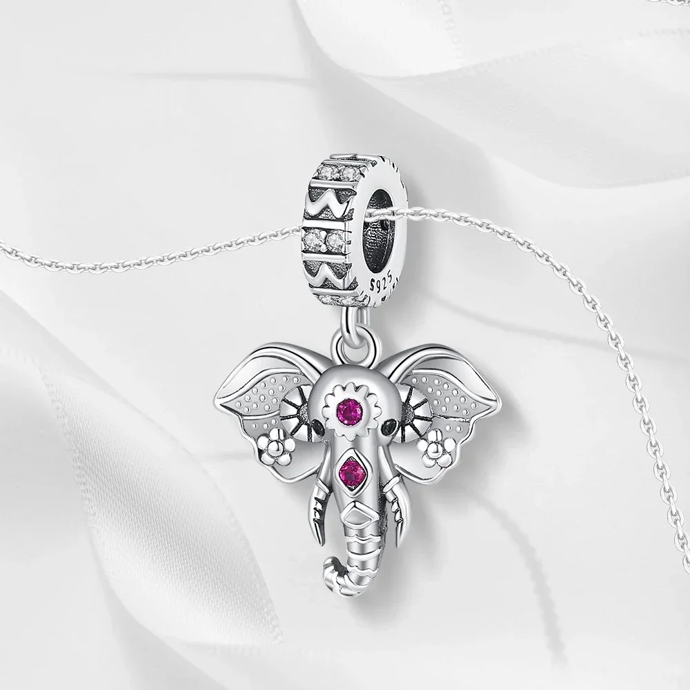 Kreativer 925er-Sterlingsilber-Charm mit großem Ohr, Blume, Fang, Elefant, passend für Armbänder, Damen-Haustier-Party-Schmuckzubehör