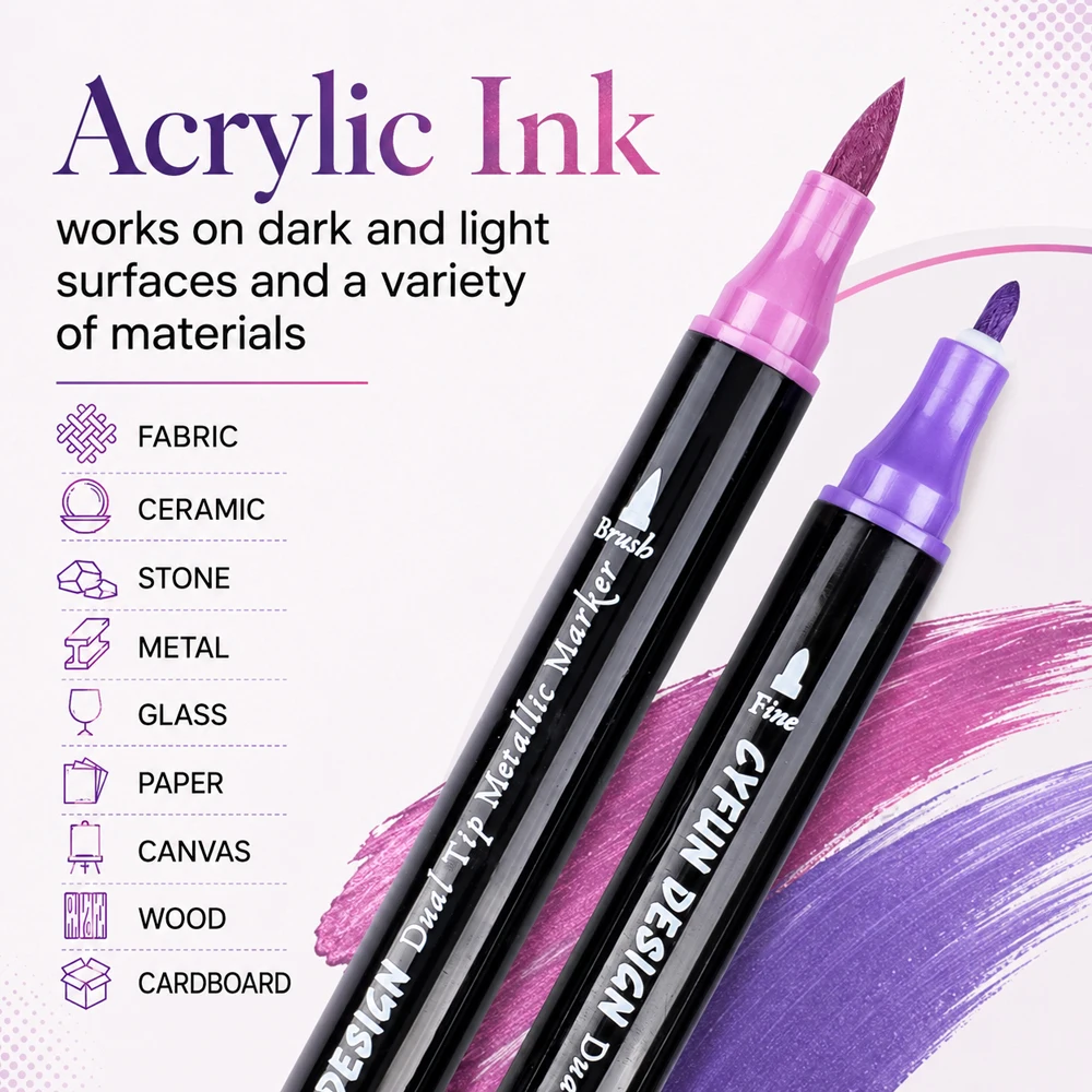 6pcs Dual-Tip Metallic Acrylic Markers 2-in-1 Fine&Brush Tip Paint Pens for Black Paper Rock Painting Ceramic Wood Glass Crafts view 4