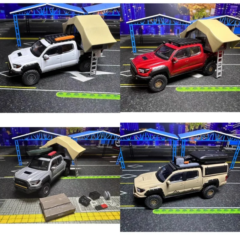 En stock : 1:64 Toyota Tacoma tente/version de bagage modèle de voiture miniature en alliage moulé sous pression, jouet cadeau pour garçon, article décoratif pour adulte.