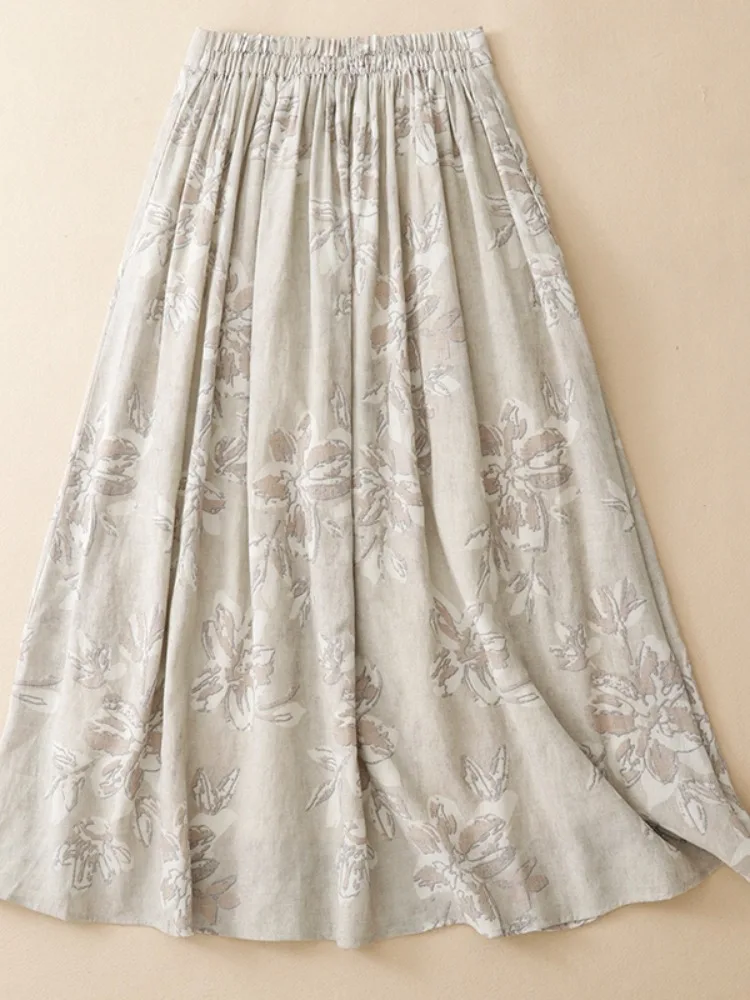 Romantic Print Atmosphere Cotton Linen Half Skirt Women's Summer Elastic Waist Slimming Draping Midi A-Line Skirt