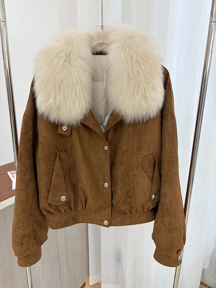 Ladies Faux Suede Goose Down Coat Real Fox Fur Collar Cropped Jacket Loose Fit Winter Warm Fashion Outerwear