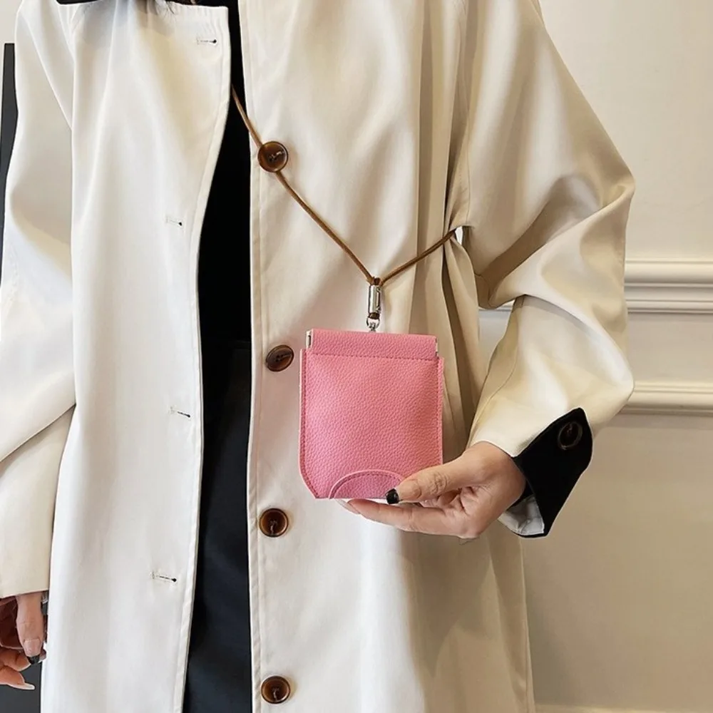 

PU Leather Hanging Neck Mini Wallet Solid Color Single Shoulder Coin Purse With Lanyard Lipstick Earphone Pouch Card Holder