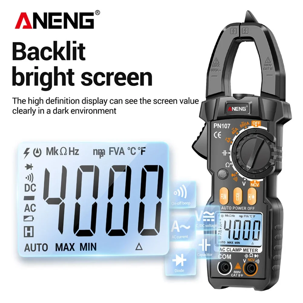 Aneng Pn107 4000 Telt Digitale Klem Meter 600a Ac Stroom Tester Voltmeter Ampèremeter Ncv Diode Professionele Elektricien Gereedschap