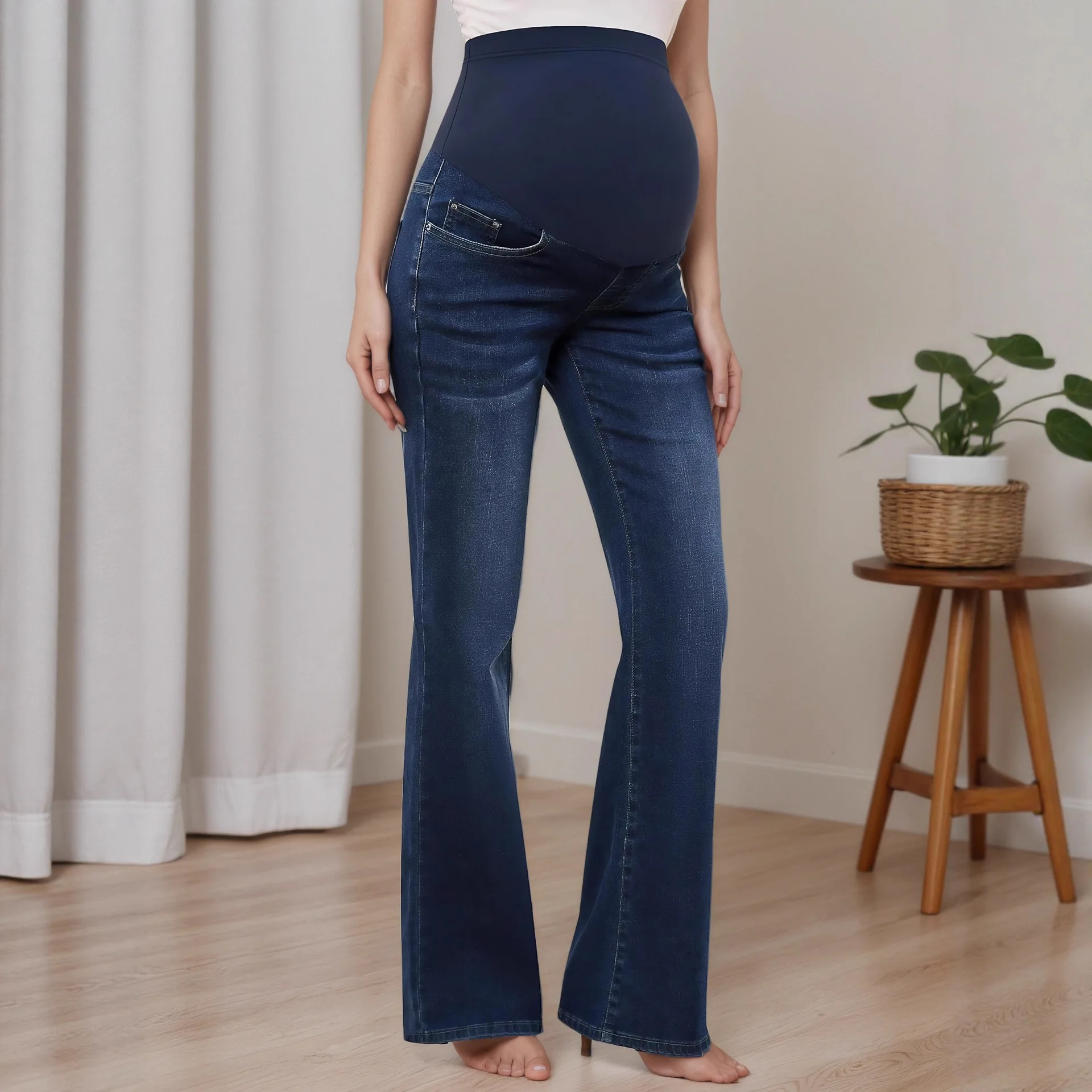 Pregnant Women Denim Pants Maternity High Waist Belly Support Slim Fit Jeans Flared Trousers Spring Casual Pregnancy Clothing