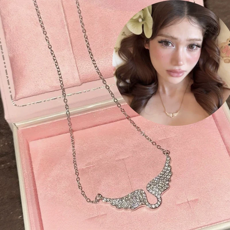 Bow Heart Angel Wing Pendent Pendant Necklace for Women White Crystal Choker Necklace Dainty Silver Plated