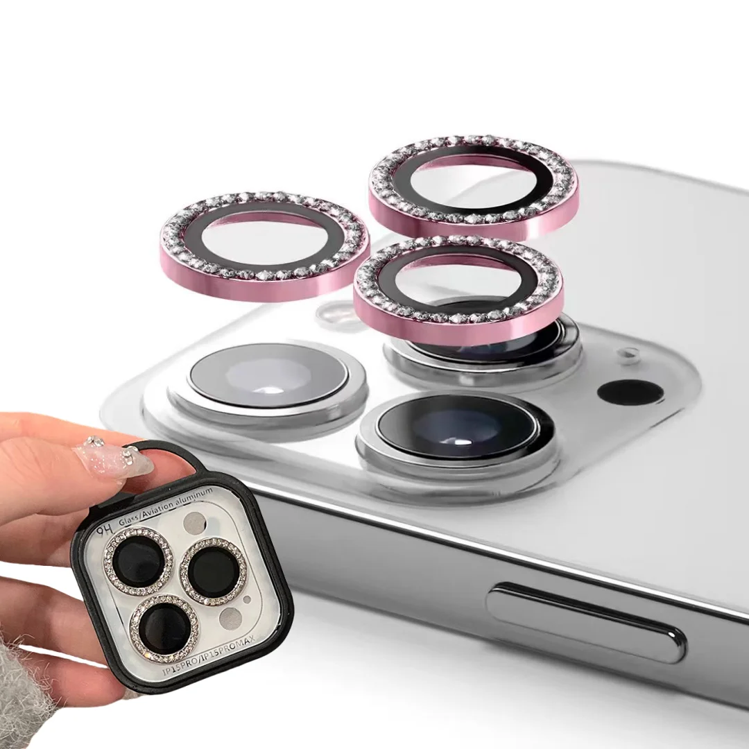 2-3Pcs Diamond Glitter Camera Protection For Iphone 15 Pro Max 16 17 Pro Max Lens Tempered Glass For Iphone 15 Plus Metal Ring