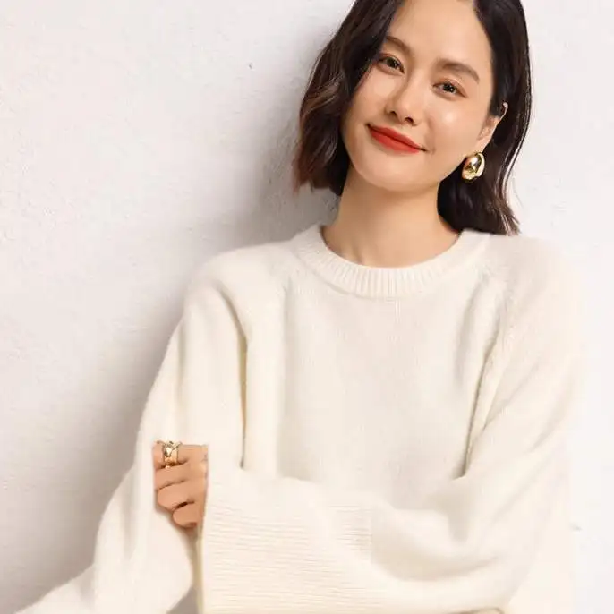 高品質カシミヤ厚手ゆったり風秋冬新作レディースルーズラウンドネックロングニットセーター