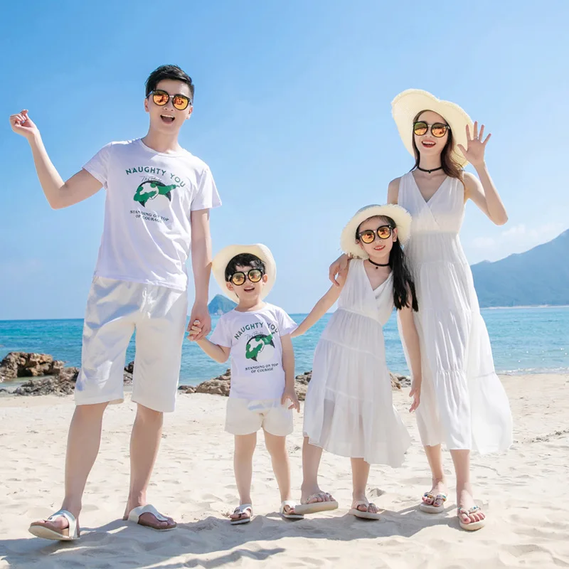 Holiday Look Family Matching Clothing Beach Daughter and Mom White Dresses Son and Dad T Shirts Shorts Two Piece Outfits Sets