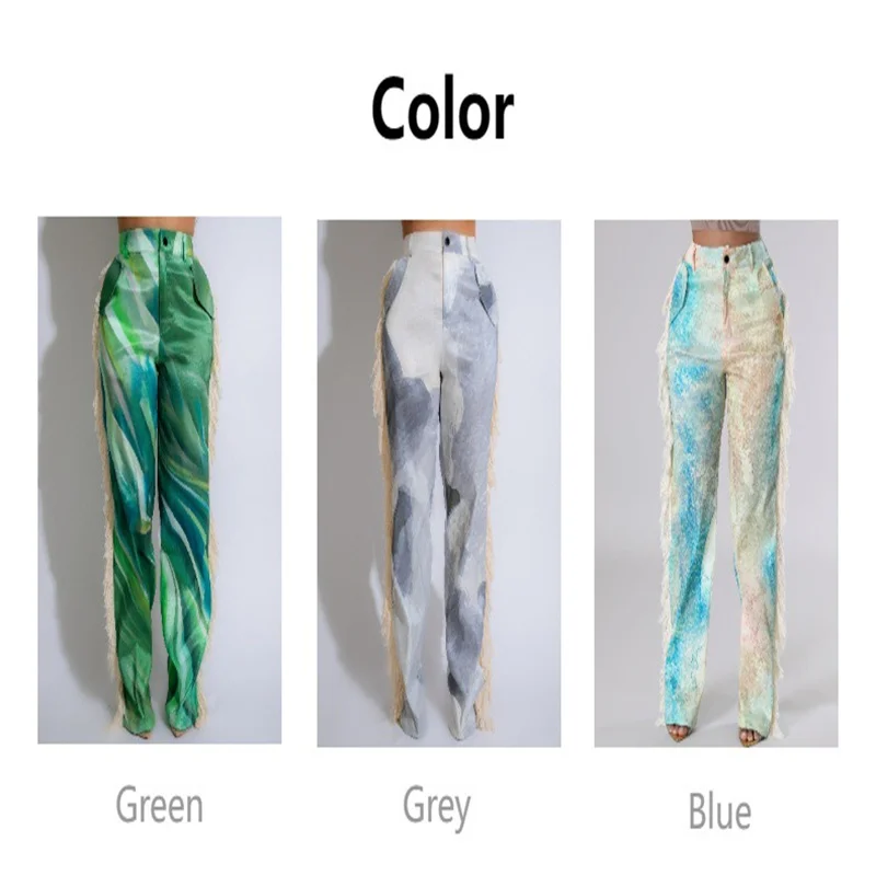 

British Ladies Hipster Outdoor Pants Tie-Dyed Gradient Button Waist Autumn And Winter Tassel Pants